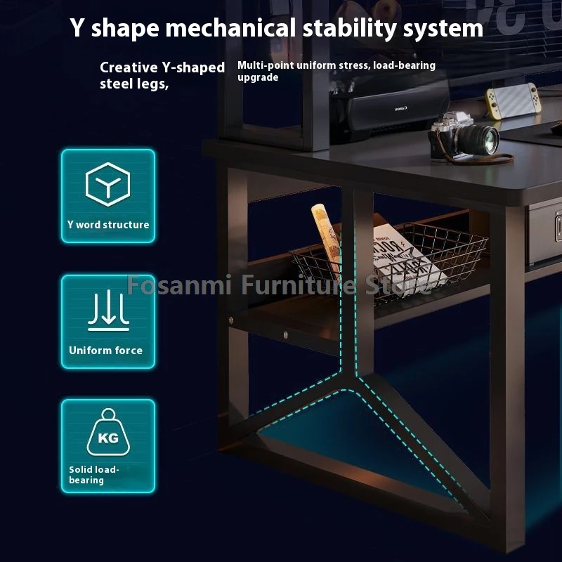 Черный широкий студенческий учебный стол Современный офисный прочный стол для ПК с полкой Y-образный металлический каркас Игровой компьютерный стол для домашнего геймера