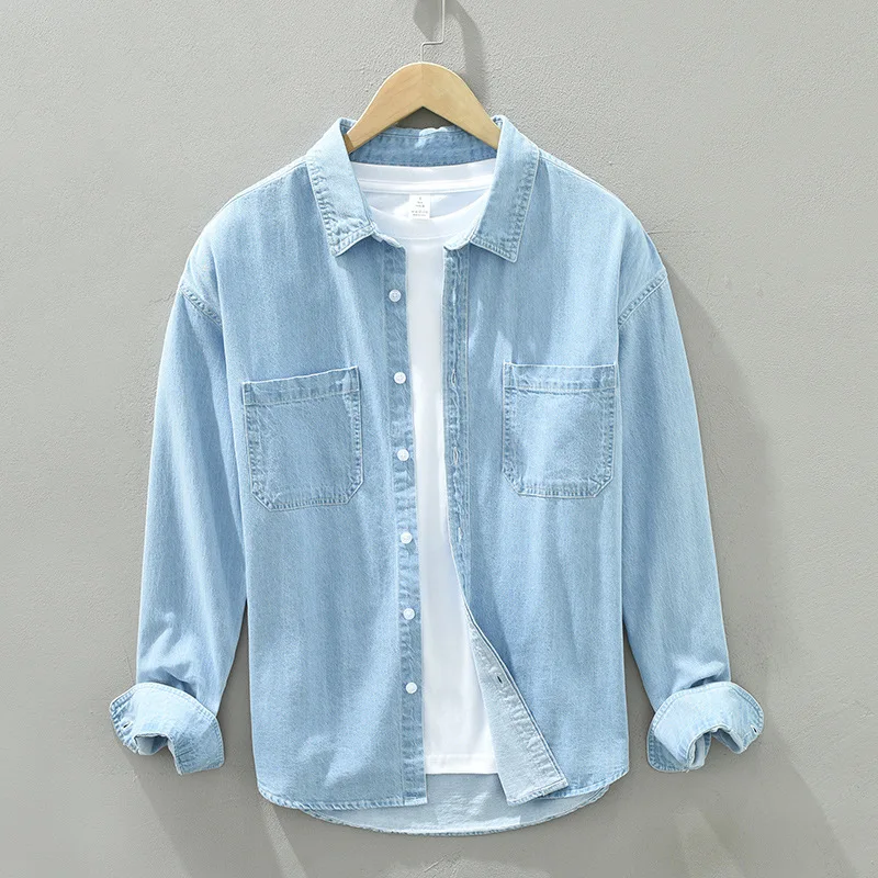 

100% Cotton Japan Washed Denim Shirts for Men Spring Autumn Long Sleeve Casual Workwear 24ss Y2k Youth Cityboy Loose Tops Coats