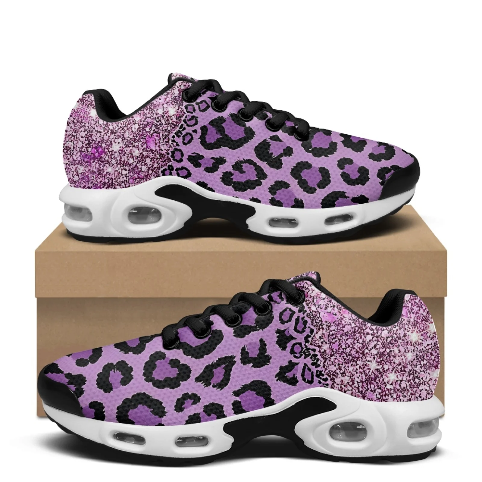 PENSTROLL Purple Leopard Glitter Men's Air Running Shoes, Lightweight Lace-Up Mesh Sneakers with Air Cushion for Walking