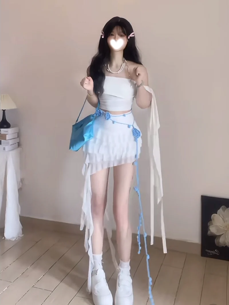 Low Waist Pure Desire Lace Short Skirt Women's Fashionable Asymmetrical Bell Sleeve Bell Bottoms Casual Cake Skirt Style