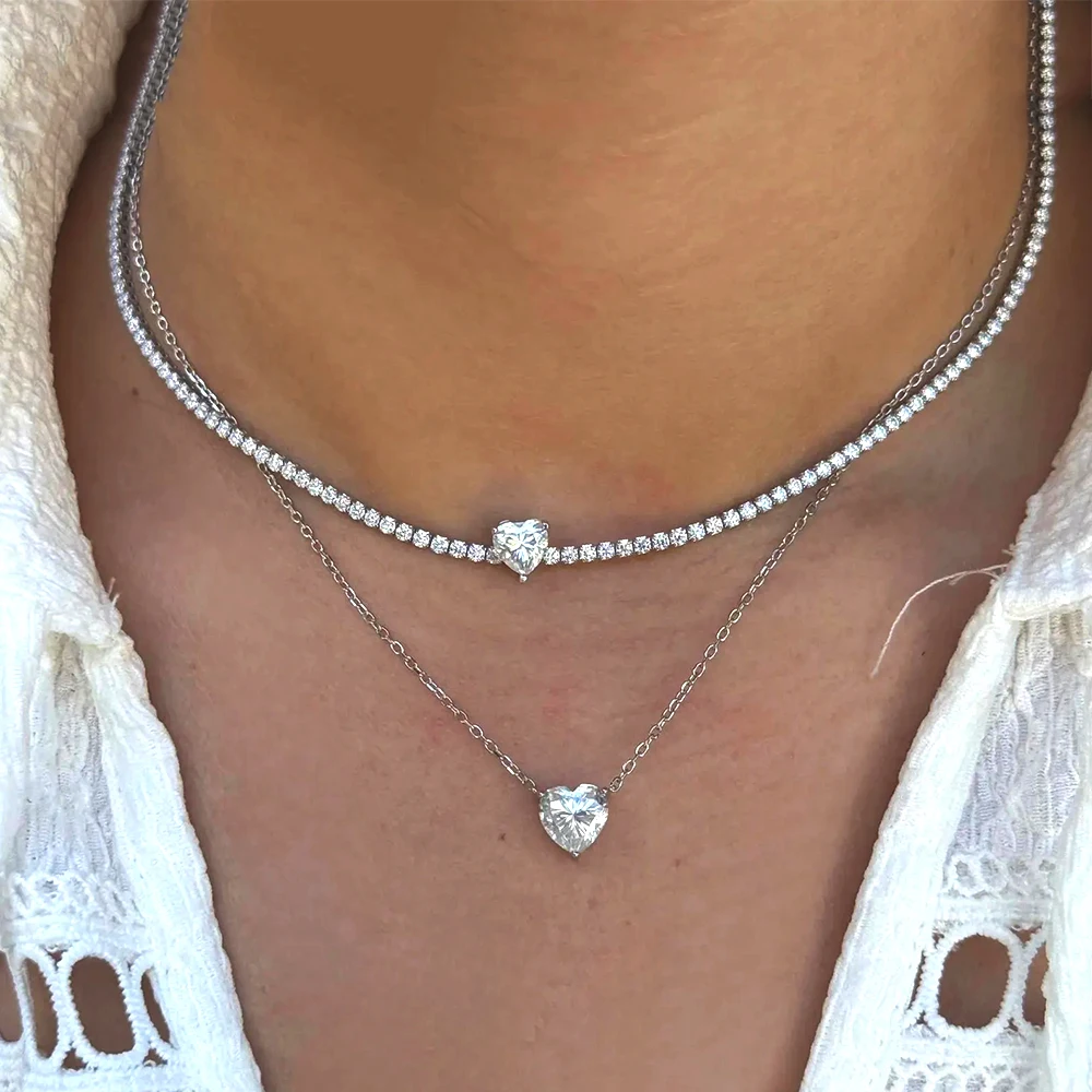 

BXINY 1CT Heart Cut Full Moissanite Tennis Choker Necklace 925 Sterling Silver for Women Adjustable Neck Chain Fine Jewelry Gift