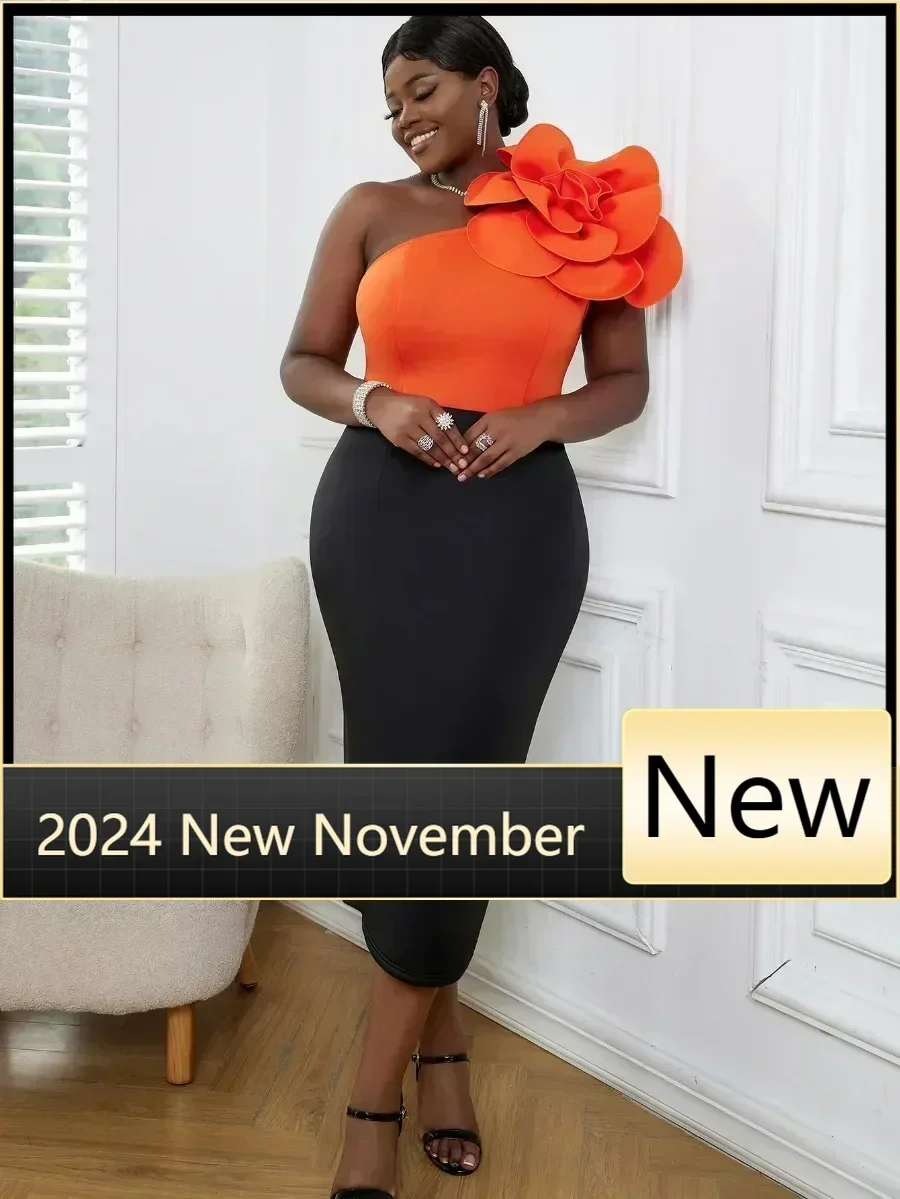 

One Shoulder Big Flowers Party Dress For Women Patchwork Color Block Evening Occasion Gowns Female Summer Night Date 2025