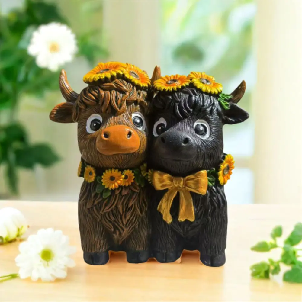 

Spring Sunflower Highland Cow Figurines Resin Funny Scottish Cow Statue Handmade Unique Highland Cow Gnomes Ornament
