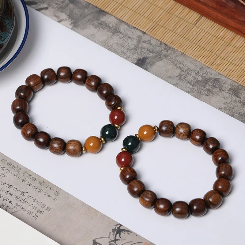 Black rosewood vintage-style DIY three-color bracelet single-loop unisex model, decorative prayer beads