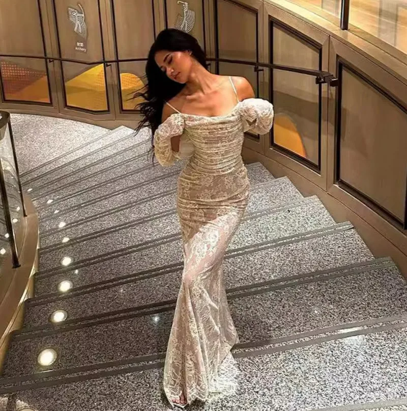 

Sexy Ivory Lace Evening Party Dress 2026 With Jacket Straps Mermaid Long Prom Formal Gowns Banquet Dresses Robe De Soiree