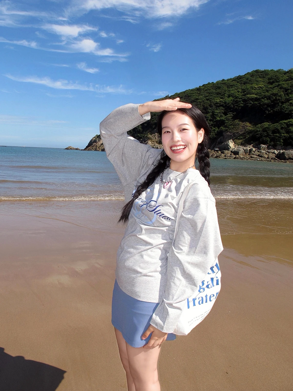 Sakura Cotton Long Sleeve T-Shirt Letter Print round Neck Loose Fit Versatile Grey Spring Autumn Fashion Ladies' Tee