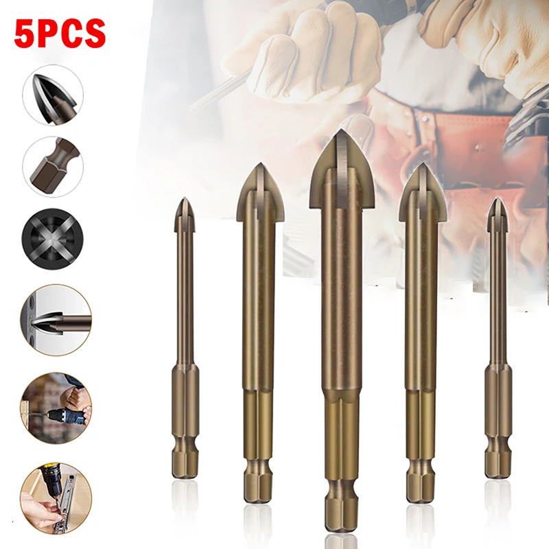5Pcs Carbide Drill Bits Set 3-7mm Hex Shank Cross Spear Head Hole Opener for Ceramic Tile Glass Wood Concrete Drilling