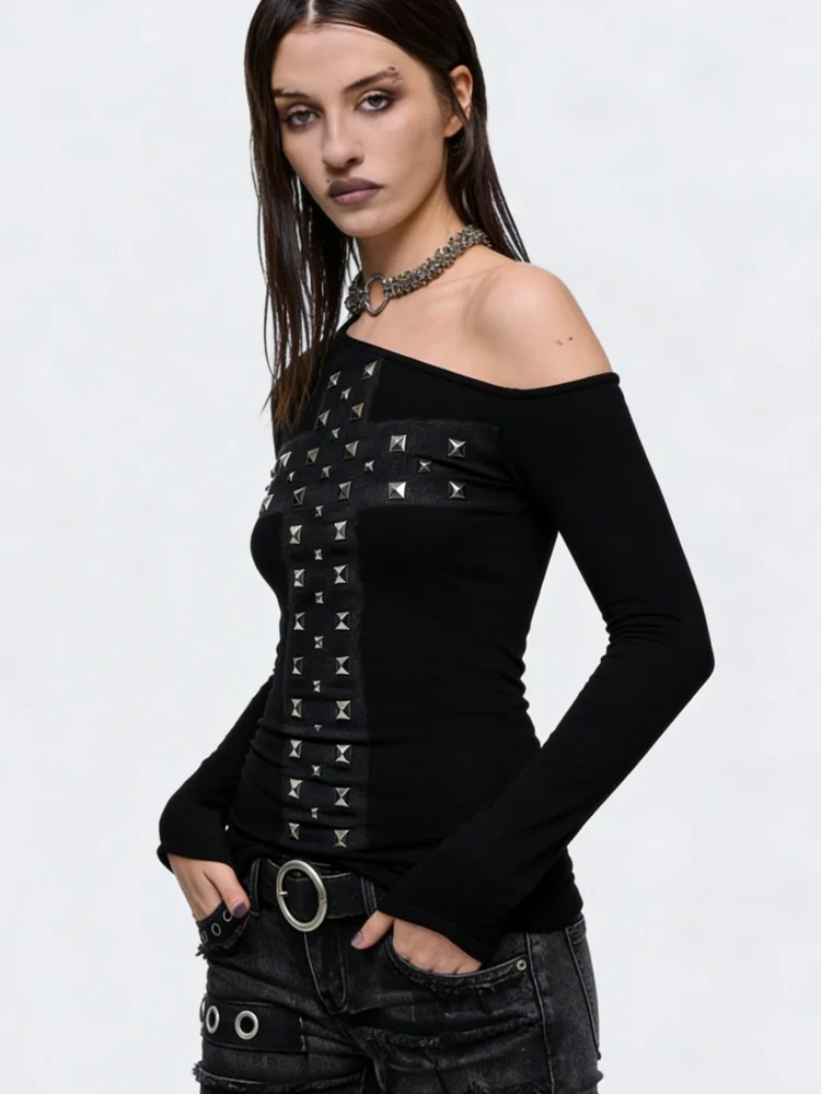 

Новая женская черно-белая готическая футболка с открытыми плечами, перекрестными элементами, длинными рукавами, в стиле панк, уличная мода, 2026