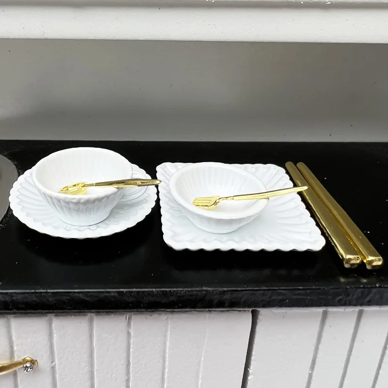 Juego de tazas de café en miniatura para casa de muñecas, plato, tenedor, cuchara, cuenco, vajilla, modelo de casa de muñecas, juguete de decoración de escena de cocina, 1:12, 1 Juego