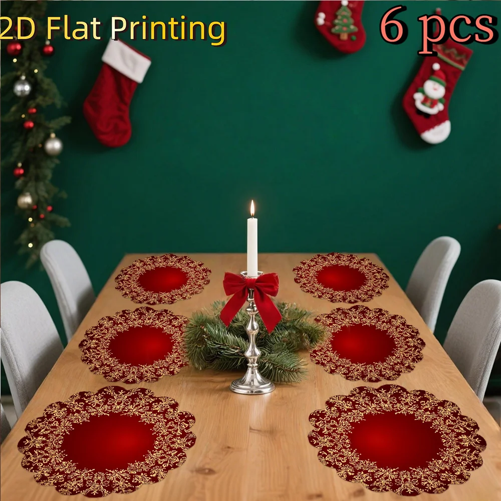 VIKAMA Christmas Round Placemats Set of 6 Burgundy Gold Damask Dinner Mats Elegant Holiday Decor Heat Resistant Washable