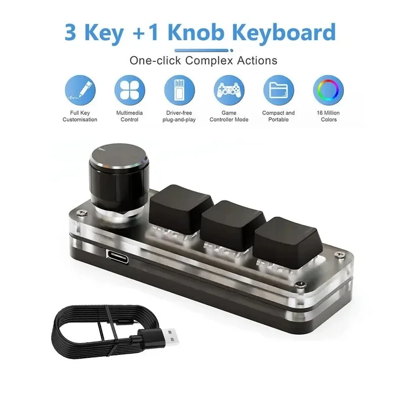 Mini-Tastatur, 3 Tasten, 1 Knopf, RGB-Programmierung, Makro, mechanische Tastatur, Gaming, benutzerdefinierter Schalter, tragbare Tastatur für Photoshop
