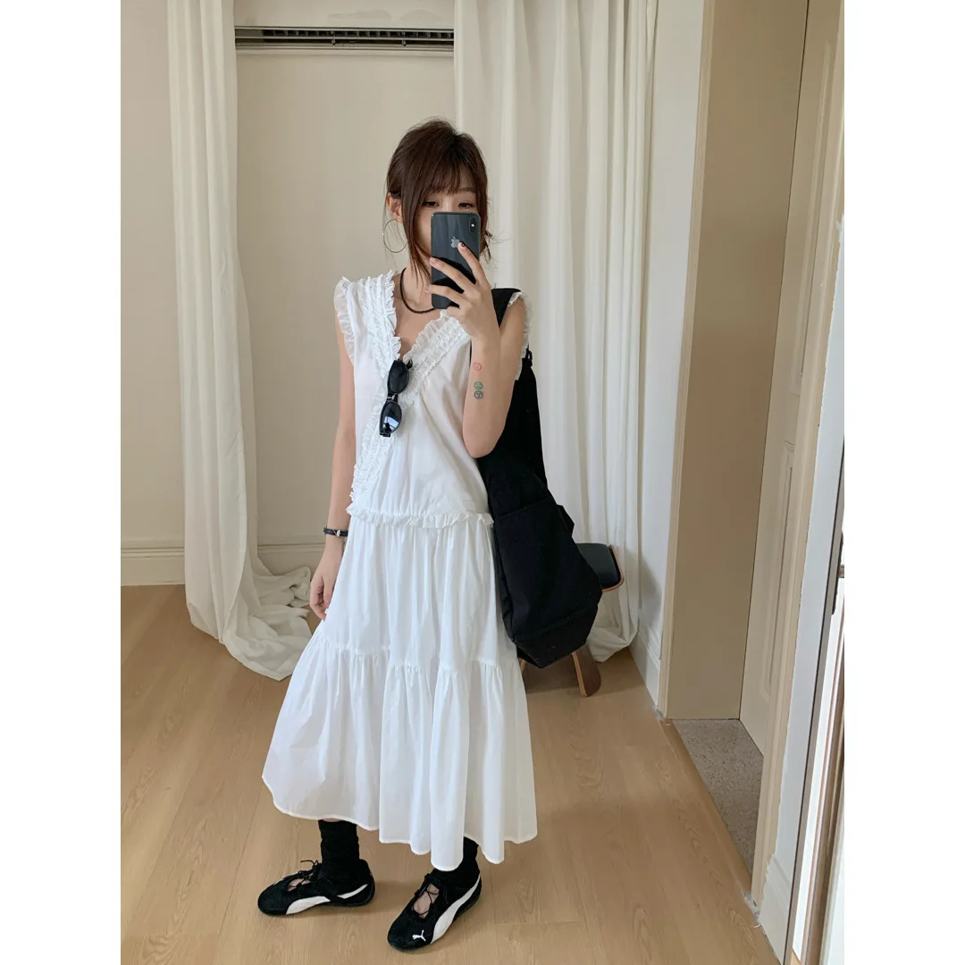 Borda fungo preta em camadas frias, frente e verso, dois vestidos colete sem mangas, vestido feminino doce branco luar