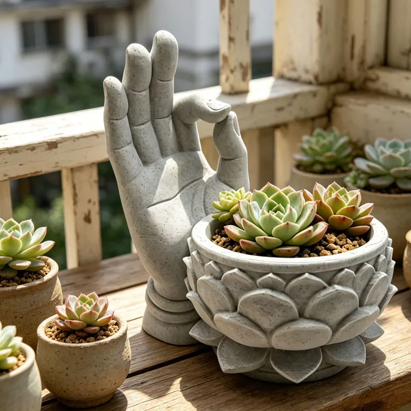 Ensemble de 1/2 pots à fleurs en forme de lotus imprimés à la main, pots à fleurs pour plantes succulentes, pots à fleurs zen imprimés en 3D avec motif de main de Bouddha, motif de lotus, motif de main d'Om, pots à fleurs au design créatif, cadeaux de jardinage, décoration intérieure