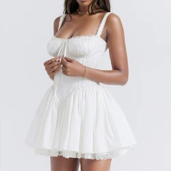 Summer Elegant Sexy White Dress Slash Neck Sleeveless Robe Women Party Short Slip Dresses Suspender Bandage Pleated A-line Dress