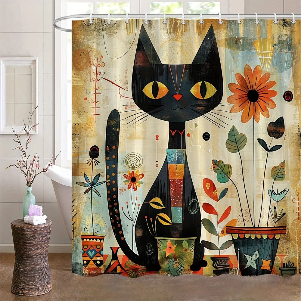 Rustic Black Cat And Sunflower Shower Curtain, Vintage Watercolor Cartoon Cat Design, Polyester Fabric Bathroom Decor With Hooks