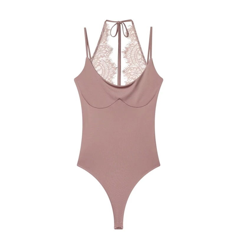 Damen Bodysuits 2026 Neuer Sommer Spitze Patchwork Slim Jumpsuit Mode Sexy Rückenfreier Urlaubs-Damen-Bodysuit Top