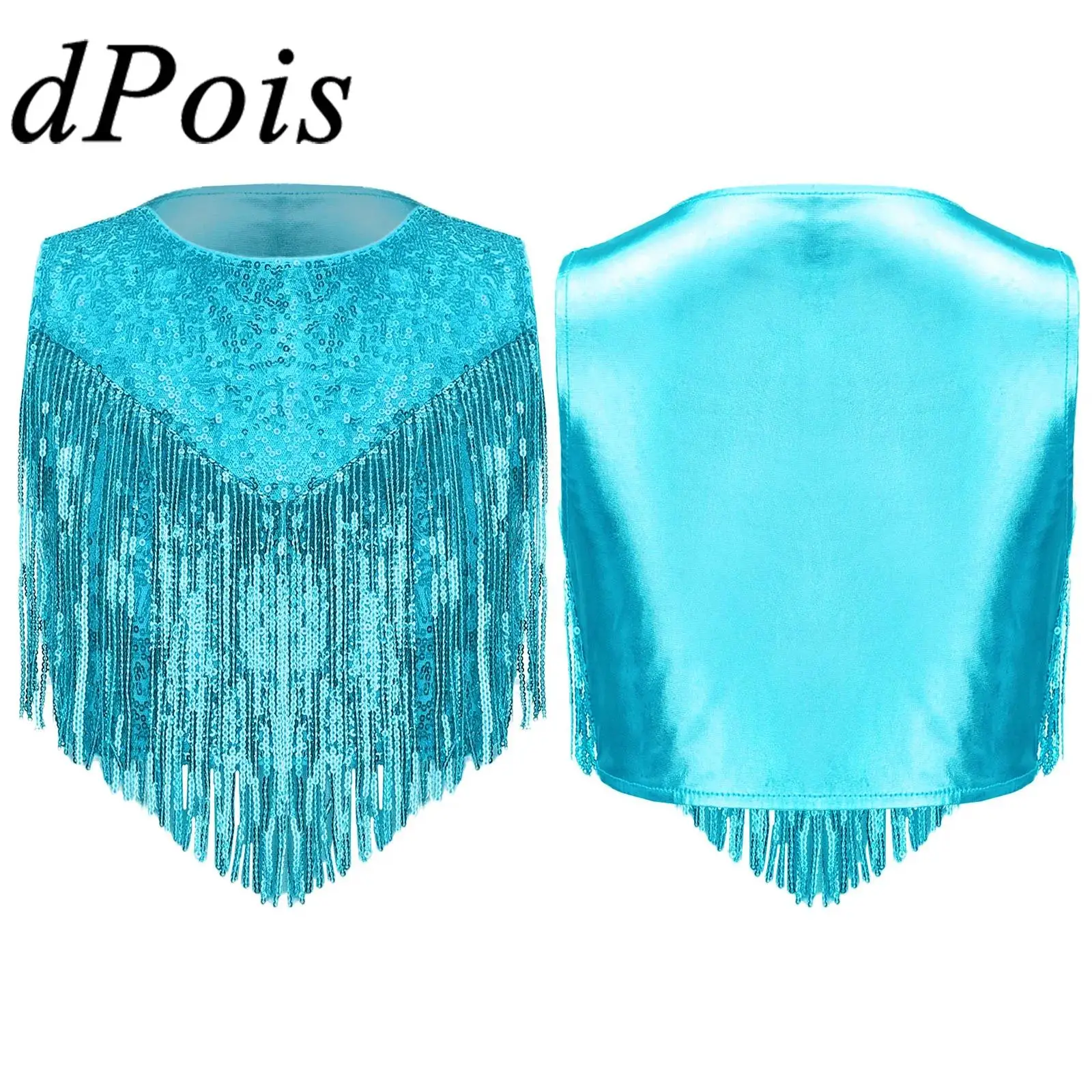 

Girls Sequin Tassels Tank Vests Halloween Cowgirl Costumes Metallic 60s 70s Disco Outfit Cape Rave Festival Carnival Top