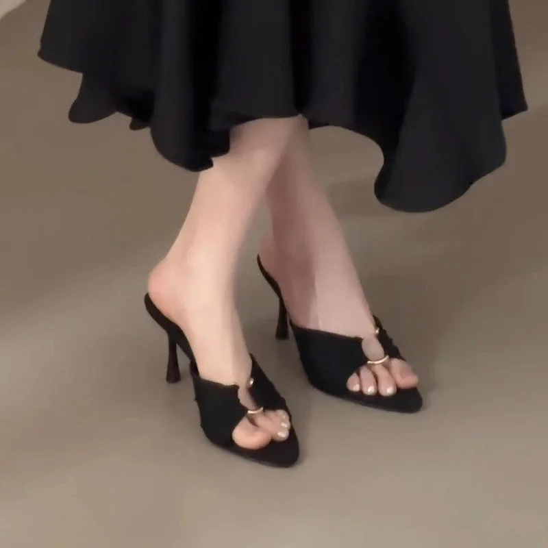 

Summer Woman Slippers Fashion Open Toe Thin High Heels Shoes Street Style Stripper Party Slides Zapatos De Mujer，French Style