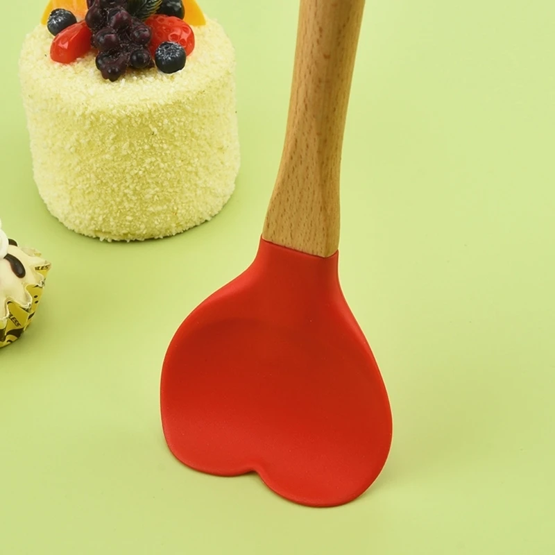 HX6C Wooden Handle Heart Silicone Cooking Spoon Spatula For Baking Sauteing And Serving Dishwasher Safe Kitchen Gadget