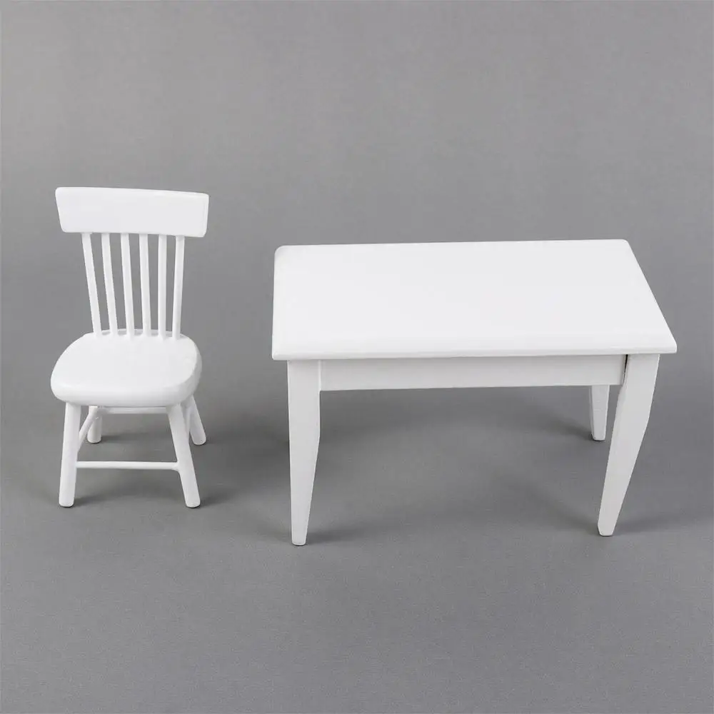 Cute Pretend Play 1:12 Dollhouse Furniture DIY Wood Dining-table Model Miniature White Mini Chairs Doll House Accessories