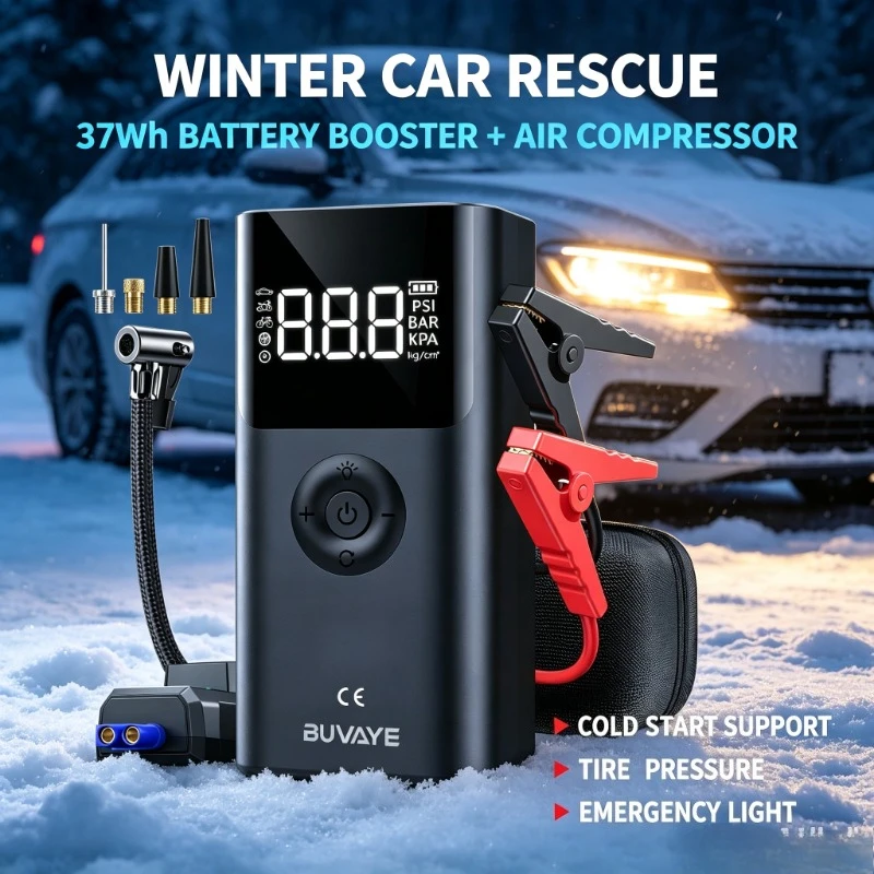 Unité d'alimentation de secours routier haute capacité 37Wh avec pompe de gonflage numérique intégrée 150 PSI, booster de démarrage de véhicule, lumière d'avertissement LED stroboscopique, source de charge externe multifonctionnelle pour les voyages autonomes et situations d'urgence
