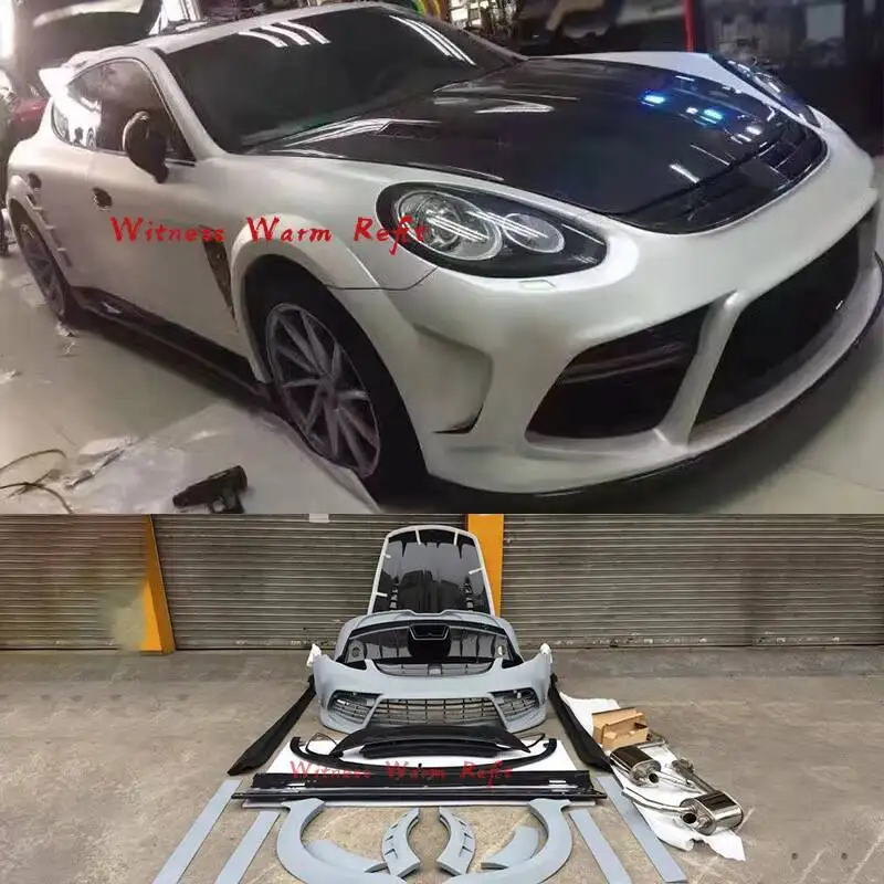 Kit de carrosserie large en fibre de carbone FRP, pare-chocs avant non peint, jupe latérale de pare-chocs arrière, capot moteur, modelmicrophone pour Porsche Panamera 970 09