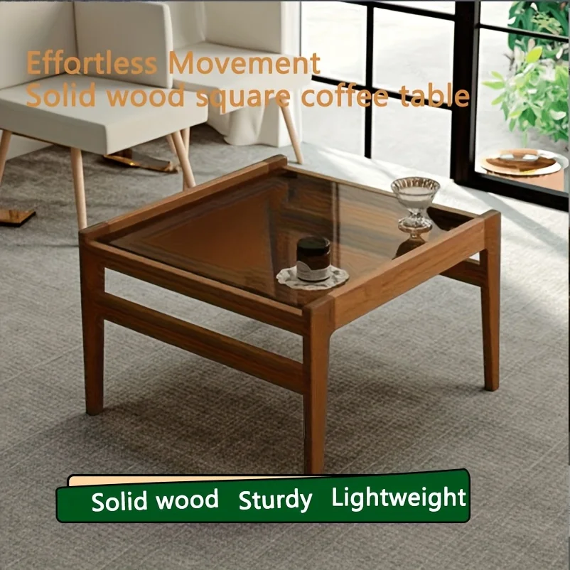 

3C Certified Glass Square Table, Solid Wood Tempered Glass Coffee Table, Brown Tempered Glass Tea Table, High-Quality Entryway S