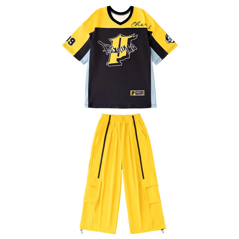 Loose T Shirt Yellow Pants Boys Street Dance Costume Girls Sport Top Shorts Kpop Jazz Performance Wear Kids Hip Hop Clothing