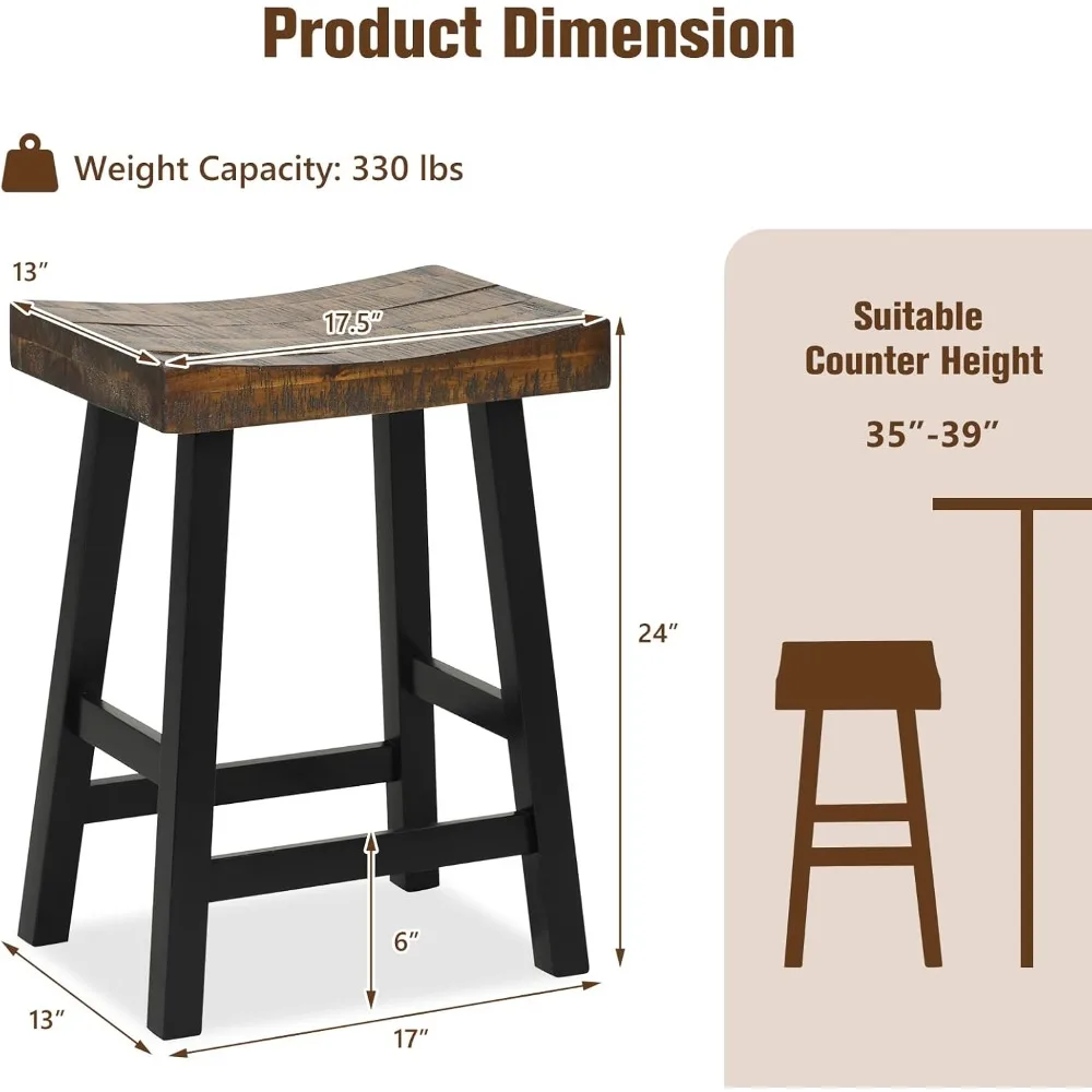 مجموعة مقاعد البار مكونة من 2، 24 مقعد سرج بارتفاع عداد، وكراسي تناول الطعام مع إطار خشبي مطاطي ومسند للقدمين، وقضبان بدون ظهر