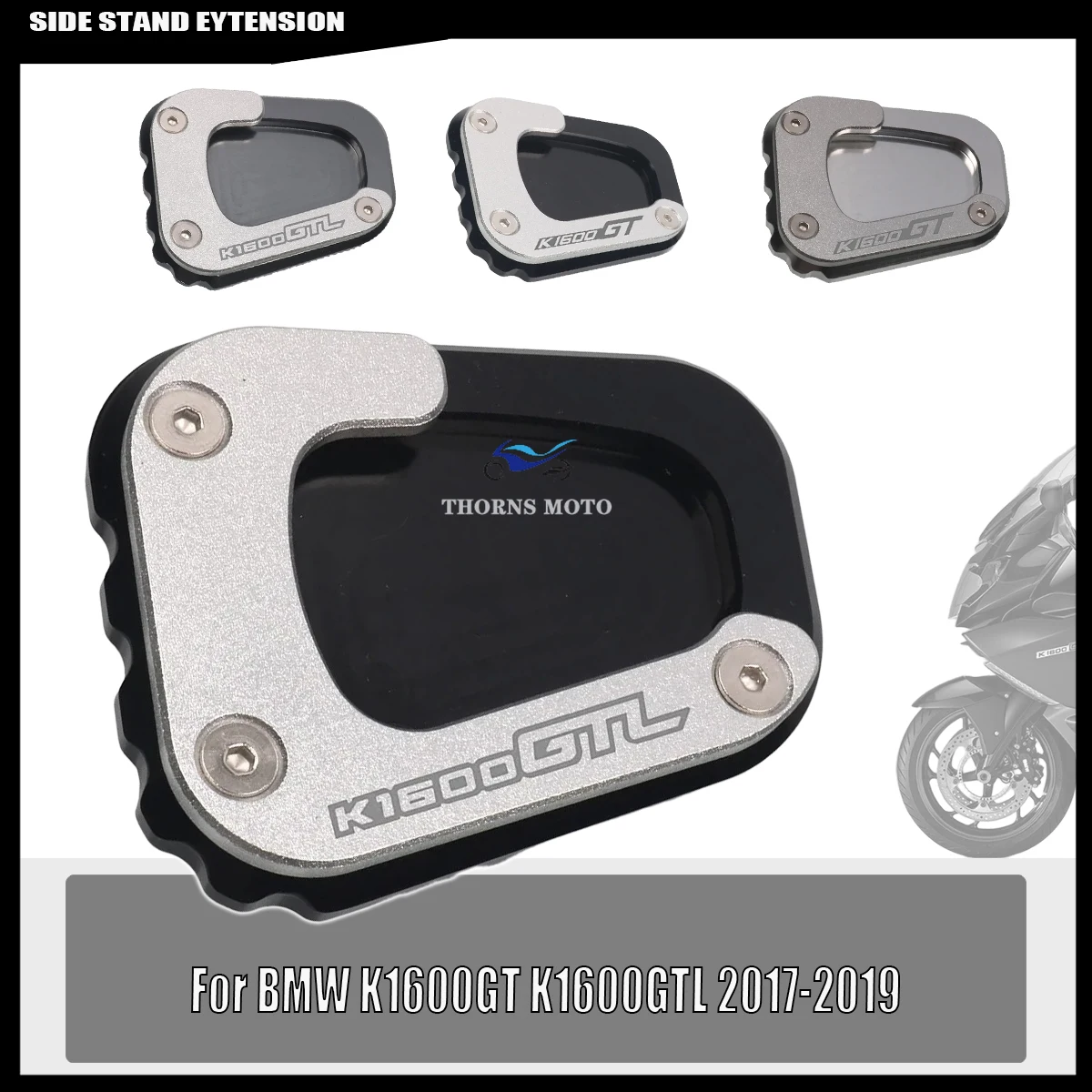 Para bmw k1600gt k1600gtl k 1600 gt gtl motocicleta cnc kickstand pé suporte lateral extensão almofada placa de suporte ampliar suporte