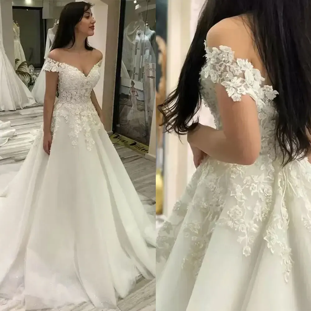 

Classics Wedding Dresses Sweep Train Off the Shoulder Neck Applique Lace Beaded Bridal Gowns Beach Garden vestido de novia 2024