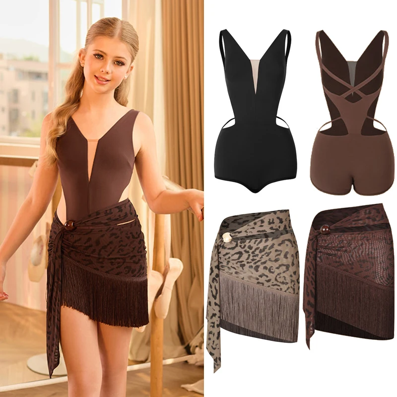 Zym Latin Dance Wear Girls Summer Sleeveless Criss Cross Tops Leopard Fringed Skirt Kids Chacha Rumba Dance Practice Clothing