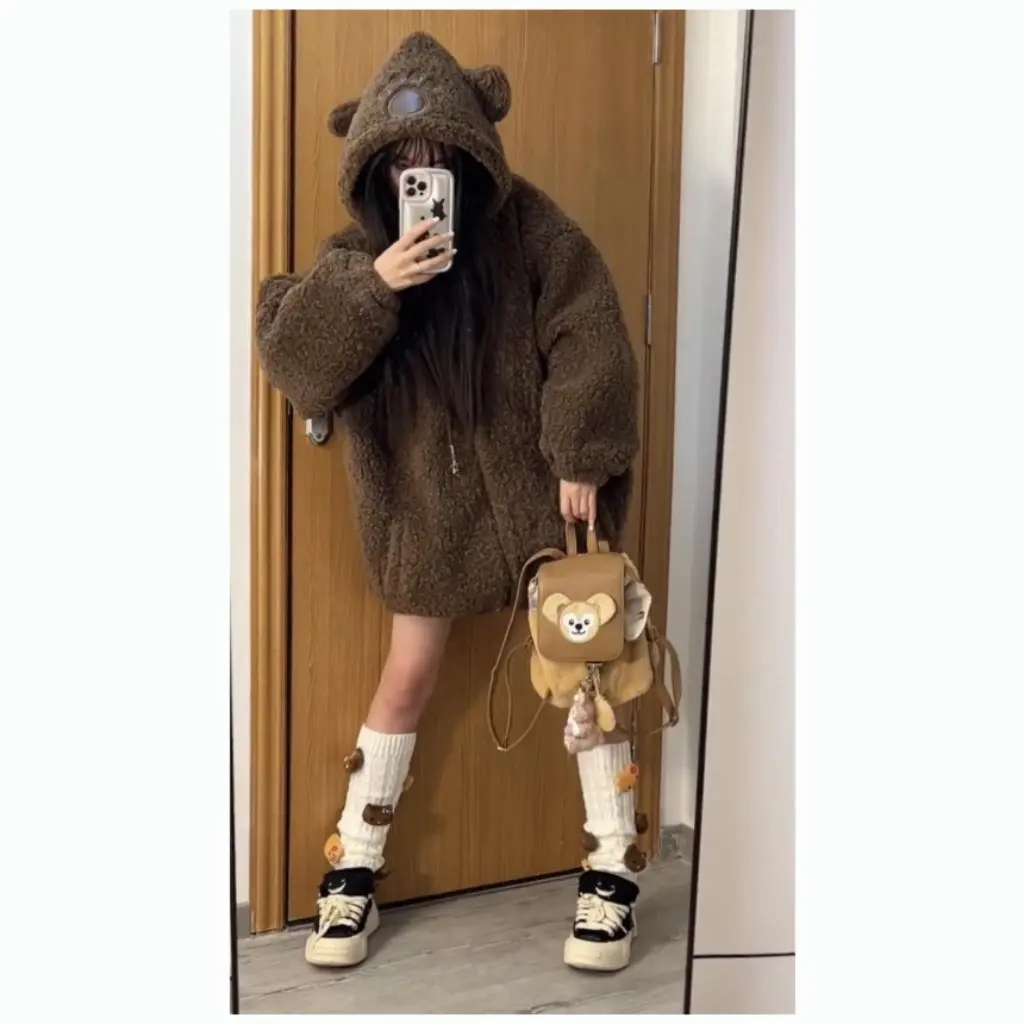 

Women's Cute Funny Panda Bear Ears Cotton-Padded Coat Winter Thickened Lambswool Outerwear Loose Fit Casual Jacket