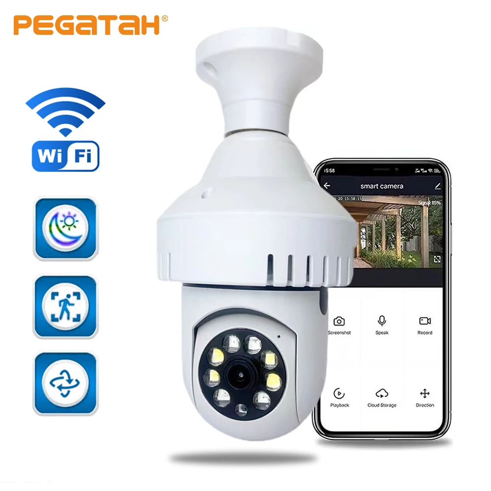 PEGATAH Smoke Detector WIFI Camera Night Vision Full Color Automatic Tracking Video Wireless Home Bulb Light Surveillance Camera