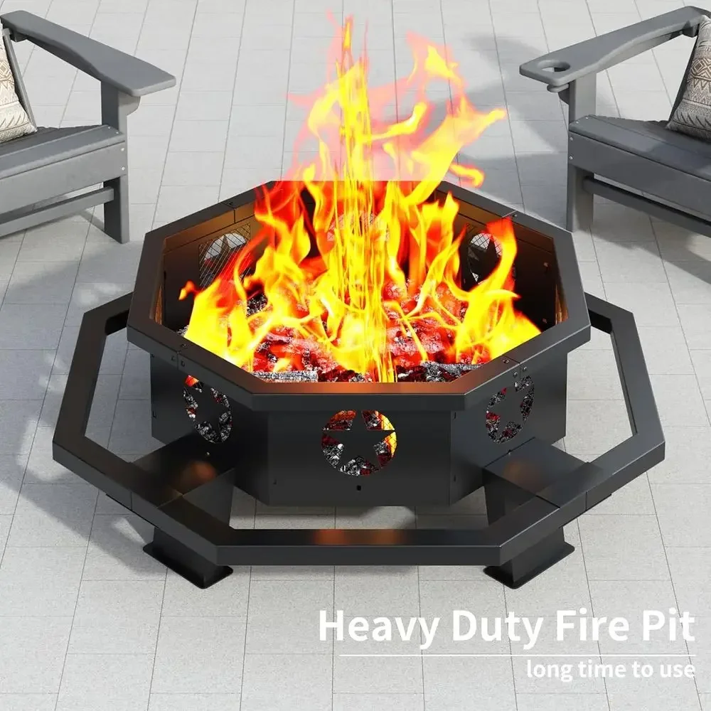 Octagonal 43 Inch Heavy-Duty Outdoor Wood-Burning Fire Pit for Backyard and Patio, Black