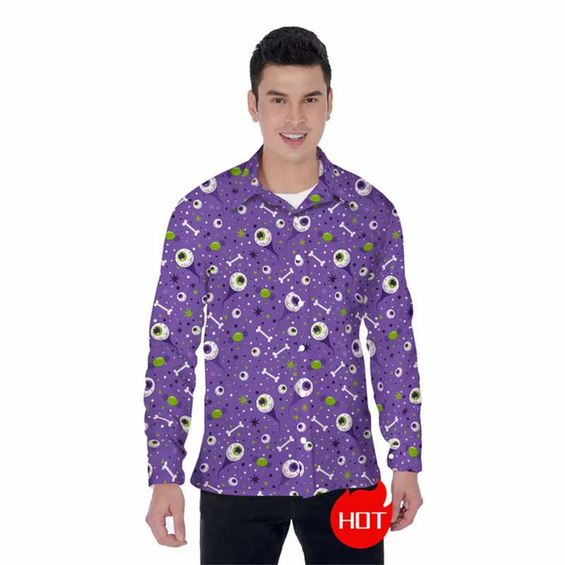Horror Eyeball 3D Printed Long Sleeve Shirts For Men Clothes Casual Goth Unisex Lapel Blouse Funny Halloween Gift Button Shirt