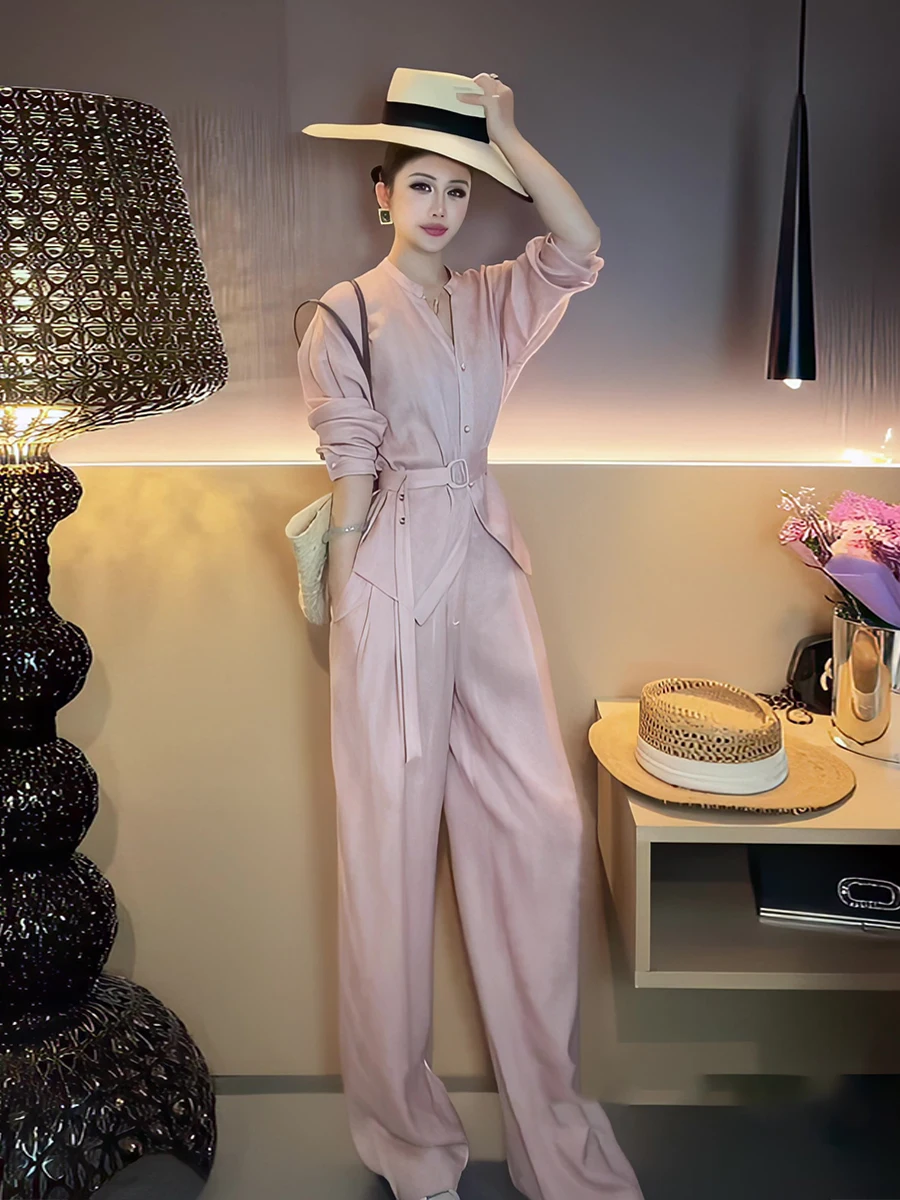 

Pink Cotton Linen Suit Set Women's Belted Slim Fit Top Wide Leg Pants Two Piece Set Fashionable Spring New Arrival