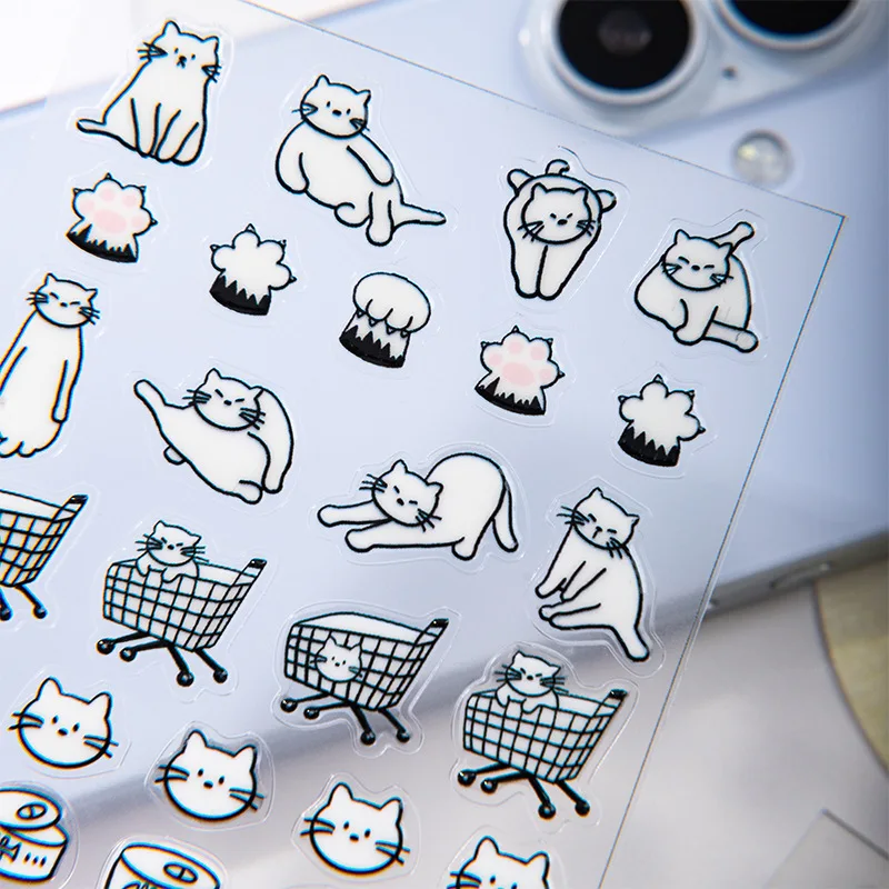 Korean Ins Line Cat Jelly Relief Stickers New Arrival Simple Lovely Cat Self-adhesive DIY Journal Tablet Craft Decor