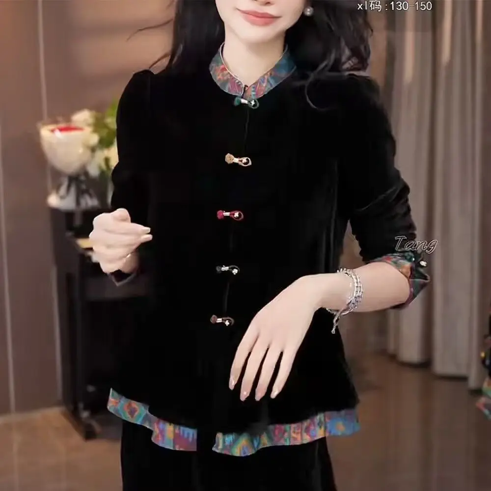 Women Chinese Style Black Velvet Frog Button Jacket Spring Autumn Mom Top Base Layer Premium National Style Outerwear