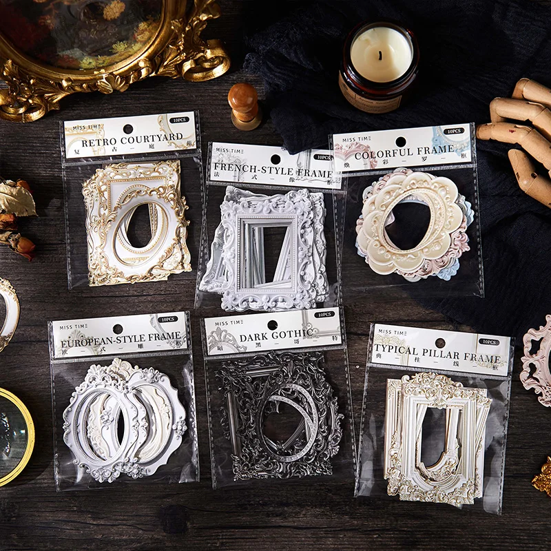 10/60 Pcs Retro Picture Frame Stickers Pack Relief Hand Tent DIY Scrapbook Diary Aesthetic Stationery Supplies Hollow-Out Design