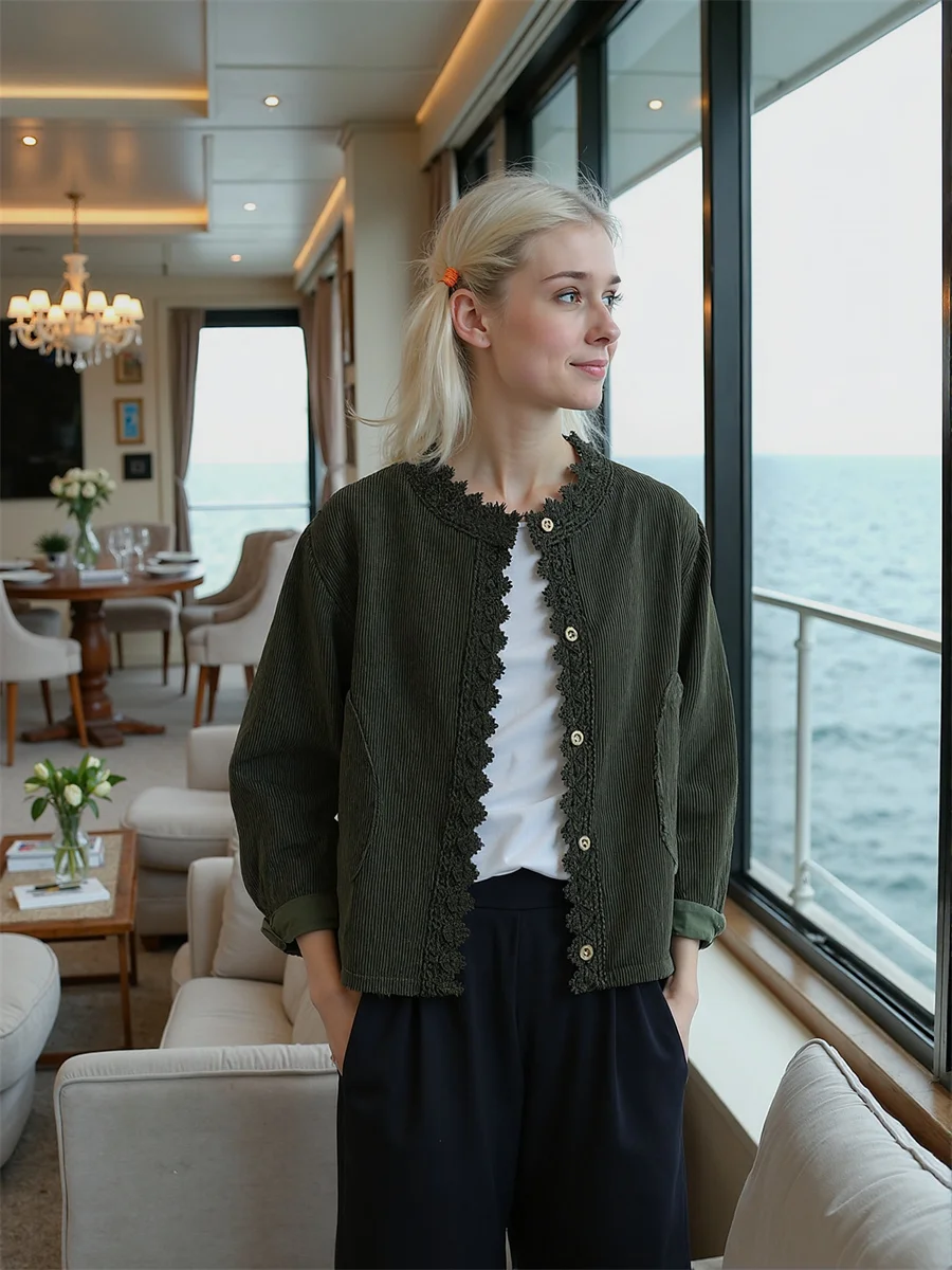 

Corduroy Ruched Vintage Jackets For Woman Winter Top Women Summer Metal Pockets Cycling Rider Kpop Premium Notched Minimalism OL