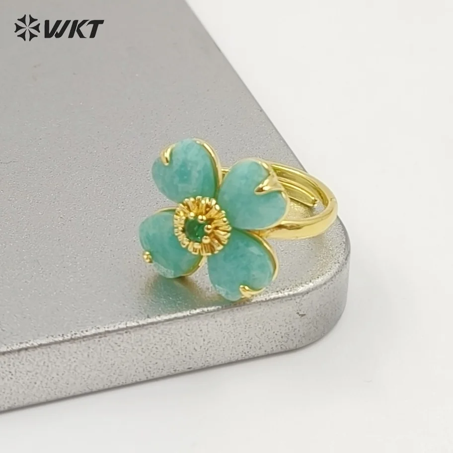 WT-R602 Gorgeous Design Gold Plated Zircon And Colorful Natural Gemstone Flower Shape Rings Adjustable For Party Wearing Jewelry