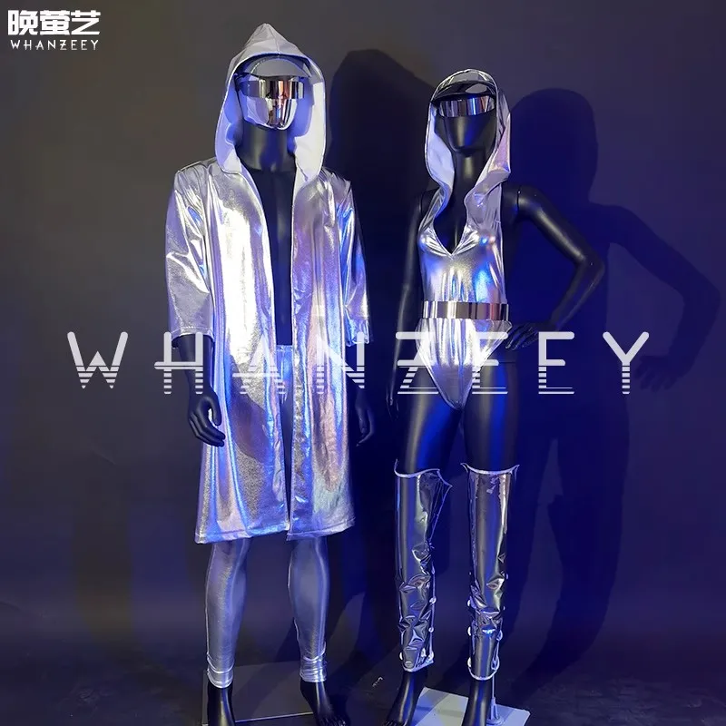 

Silver Long Hooded Jacket /High Fork Sexy Bodysuit Performance Attire Nightclub Men Women's DS Singer DJ Dance Stage Costume