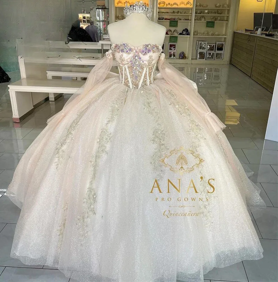 Vestidos de princesa para quinceañera, vestido de baile de manga larga, tul, apliques de cristales, dulce 16, 15 Años, personalizado