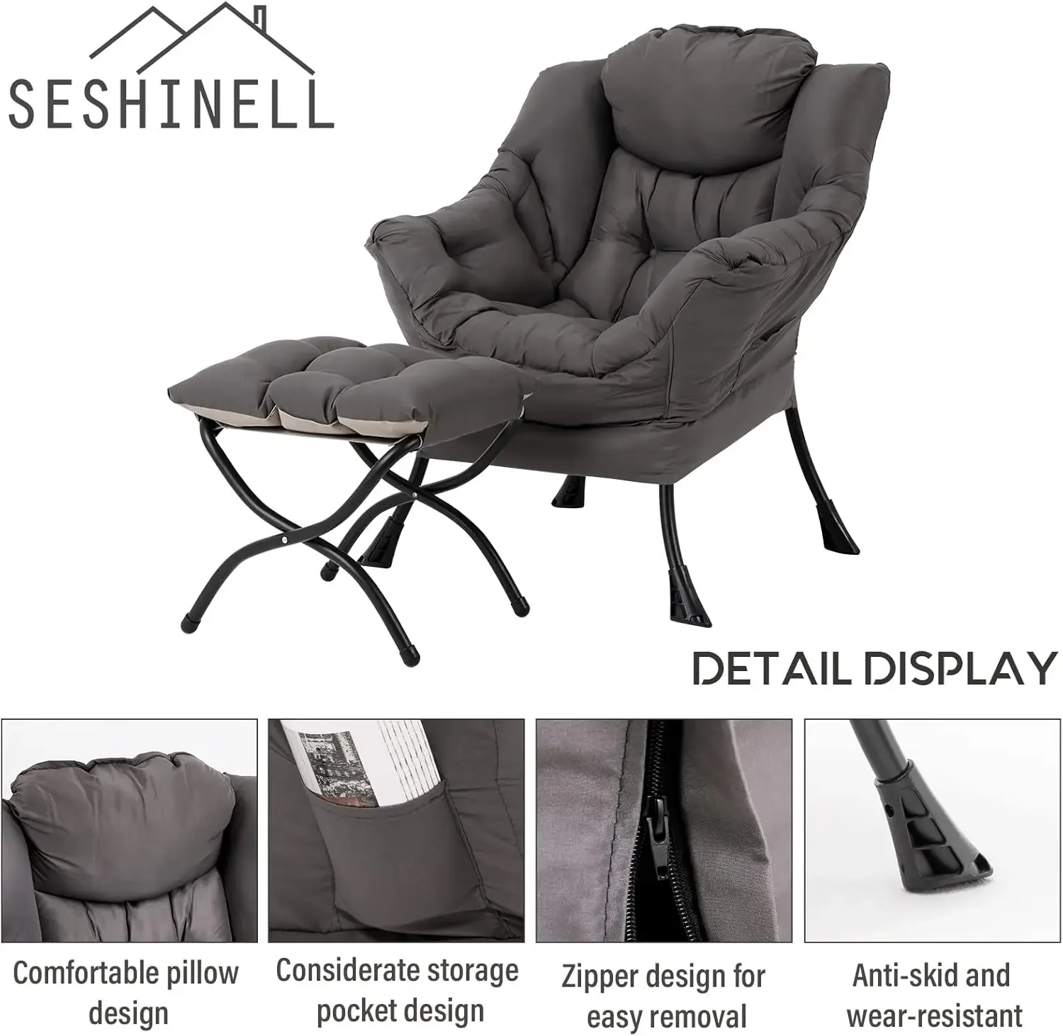 Lazychair Met Poef, Moderne Accentstoel, Moderne Lounge Vrijetijd Sofachair Met Armleuningen, Leesstoel En Opvouwbare Foo