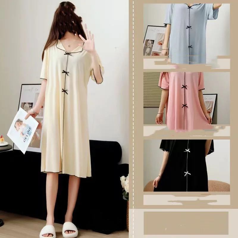 Women Summer One Piece Dress With Bow V-neck Short Sleeve Long Skirt Thin Loose Solid Elastic Soft Free Size Cute NightdressGirl