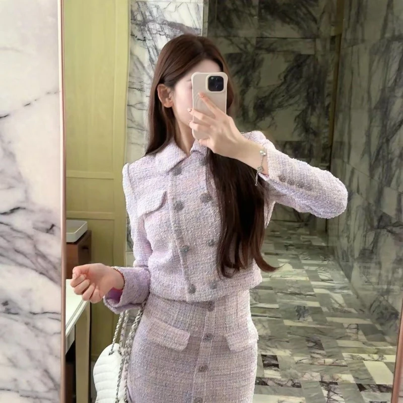 

Women's Elegant Lapel Collar Double Breasted Slim Tweed Short Coat + Mini Skirt Light Luxury High End Two Pieces Set