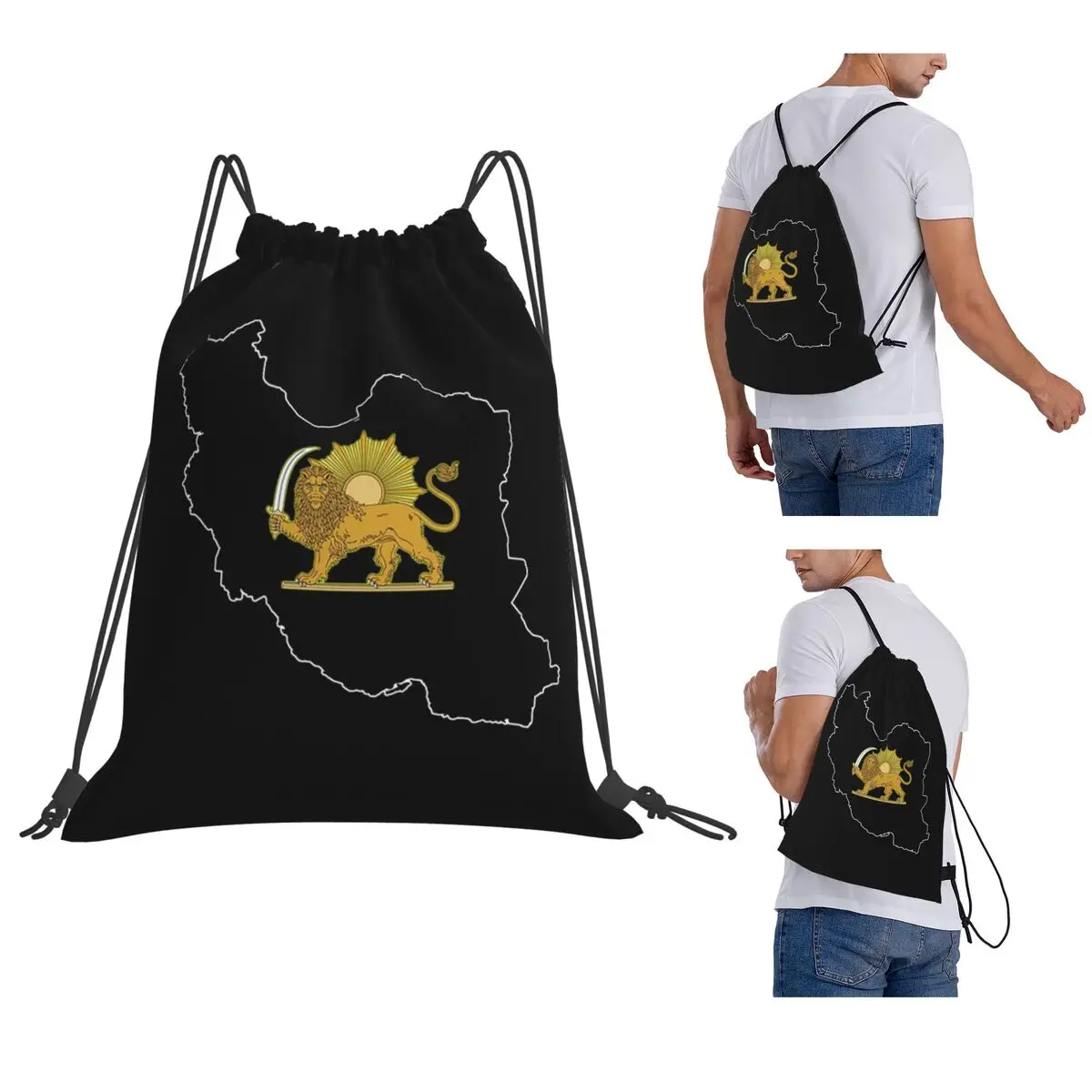 Iran Black Persian Lion Backpacks Fashion Drawstring Bags Storage Bag Book Bags for Man Woman Students