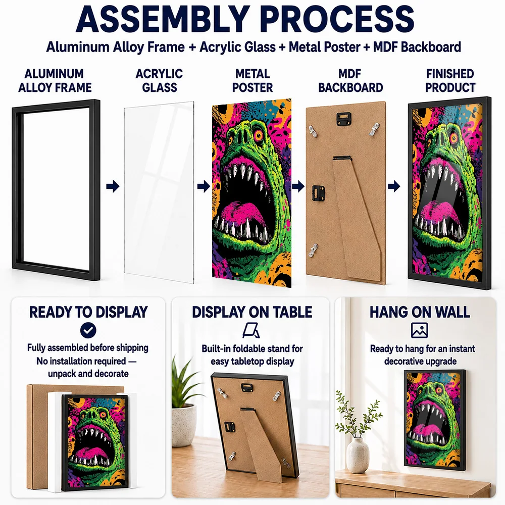 Monster With Open Mouth Pop Color Framed Aluminum Metal Poster Customized Photo High Contrast Graphic Style Wall Art For Studio