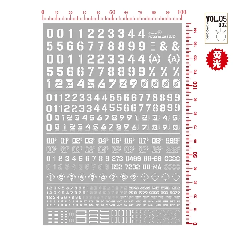 HOBBY MIO VOL5‑001~004 Model Decals, Digital Symbol Fluorescent Water Transfer Stickers, High Precision Detail‑Up Decals for